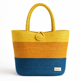 Striped Jute Casual Day Bag - Yellow, Gold, and Navy Tote