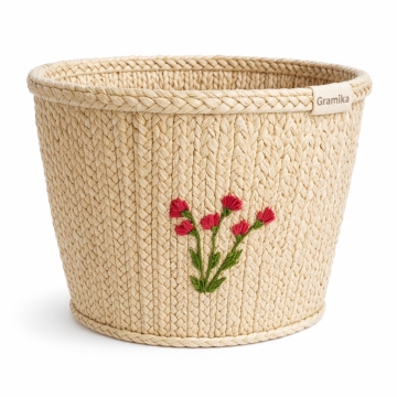 Natural Jute Storage Basket - Embroidered Home Organizer
