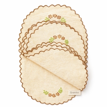 Earthy Floral Cotton Placemat Set - Brown Scalloped Border